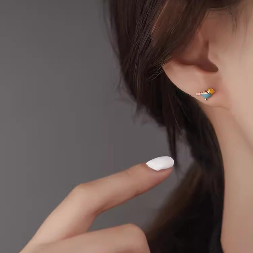 Cute Bird Stud Earrings for Women Girls 925 Sterling Silver 14k Gold Plated Tiny - Picture 2 of 6
